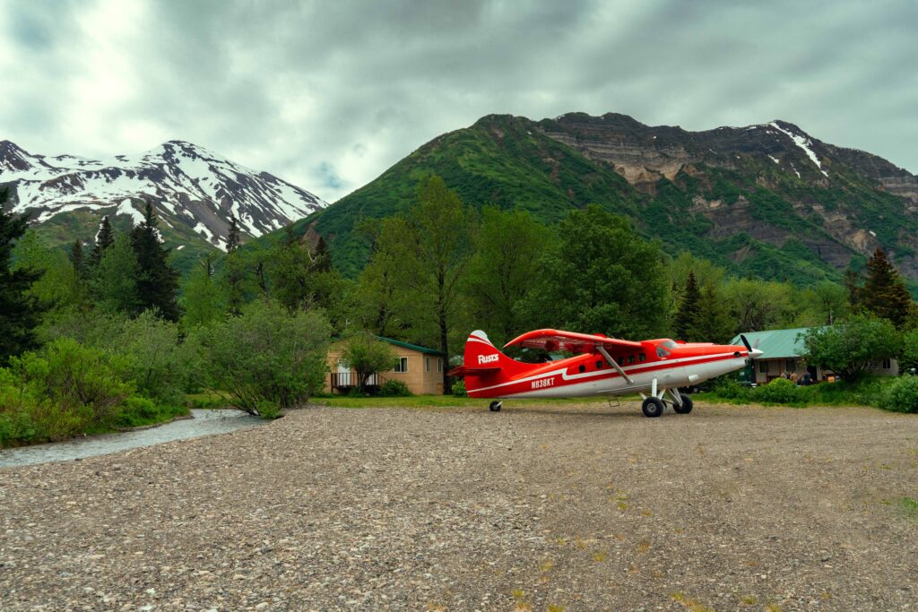 De Havilland Otter 828KT parked at Bear Mountain Lodge in Chinitna Bay