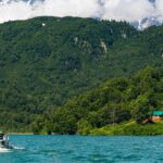 Pontoon boat with views of Redoubt Bay Lodge Alaska