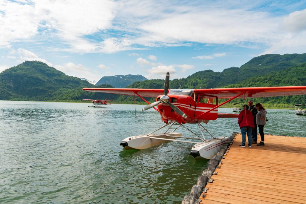 Cessna 206 docked at Redoubt Bay Lodge in Redoubt Bay Alaska