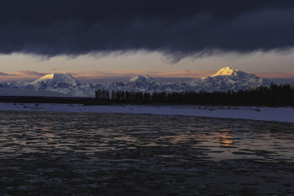 the three high peaks of the Alaska Range as seen from Talkeetna - Denali (Mt. McKinley), Sultana (Mt. Foraker), and Begguya (Mt Hunter)