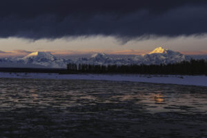 the three high peaks of the Alaska Range as seen from Talkeetna - Denali (Mt. McKinley), Sultana (Mt. Foraker), and Begguya (Mt Hunter)