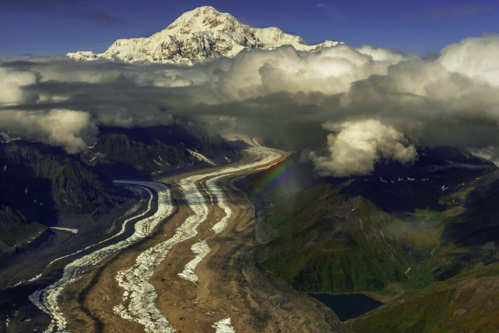 Tokositna Glacier with views of Denali with a rainbow in Denali National Park